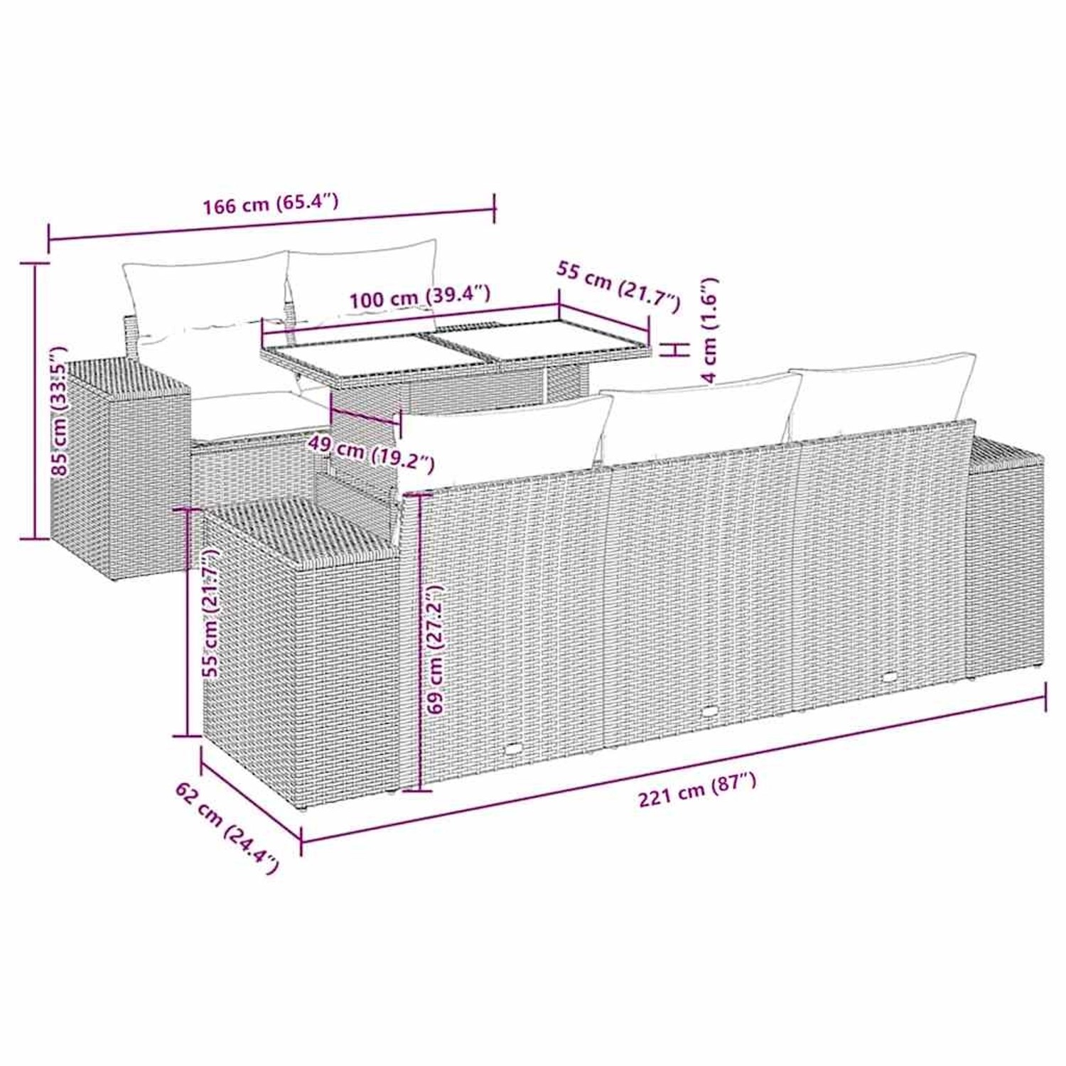 vidaXL 6-tlg. Garten-Sofagarnitur aus braunem Poly Rattan mit Maßen.