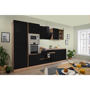 Respekta Premium Küchenzeile 335 cm, Schwarz Hochglanz/Eiche Sägerau, mit E-Geräten.