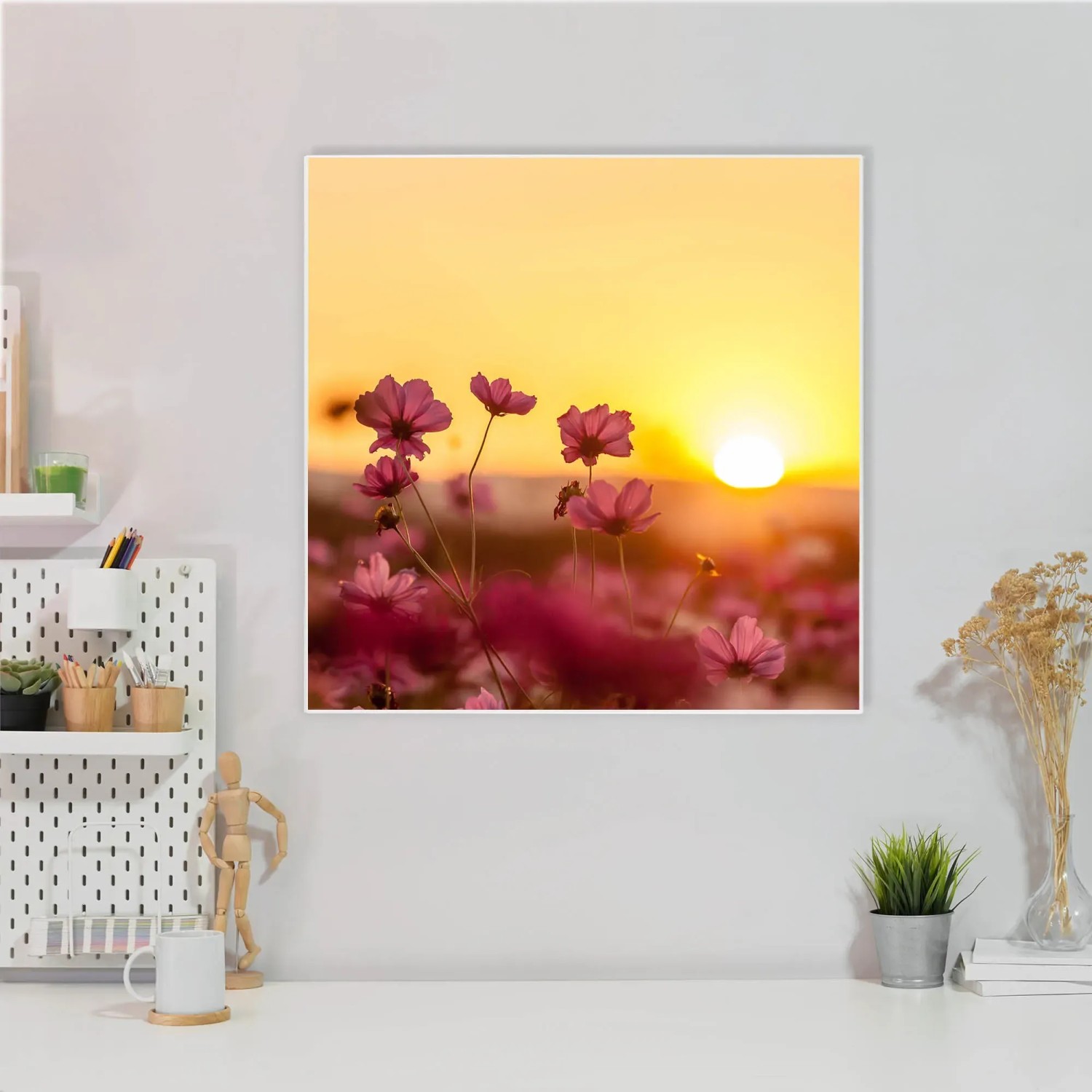 Banjado Magnettafel 50x50 mit Cosmea Feld Motiv. Magnetwand/Pinnwand inkl. 4 Magnete.