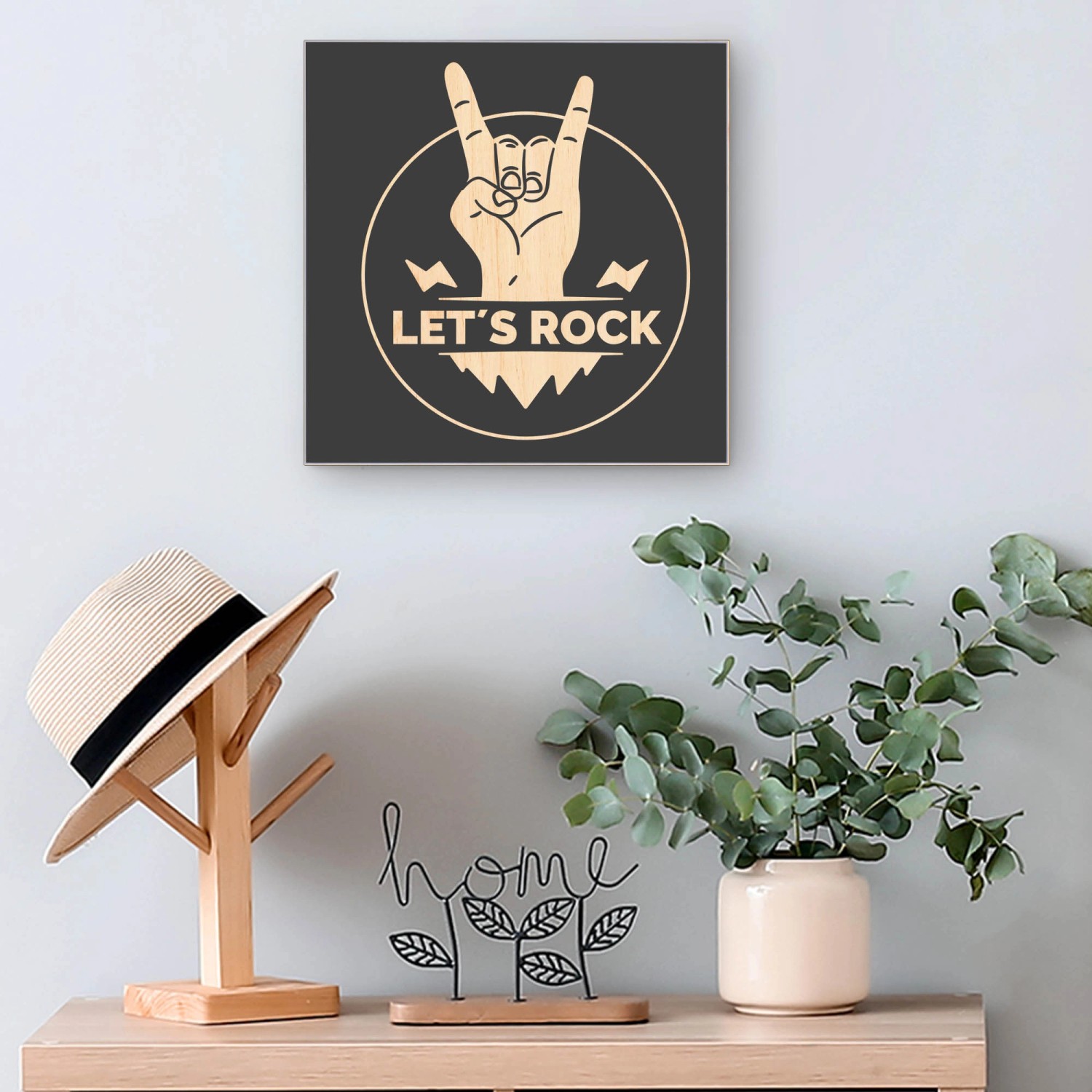 Banjado Schlüsselkasten 30x30cm mit Holzfront, Motiv Let's Rock, 50 Haken, Weiß. Schlüsselaufbewahrung für die Wand.