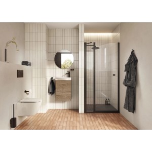 Modernes Badezimmer mit Roca Waschplatz Rave in Canela Eiche, Waschtisch mit 1 Tür und Keramikwaschbecken.