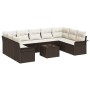 Graues 10-teiliges Garten-Sofa-Set aus Polyrattan mit Kissen und Tisch für Terrasse und Garten.