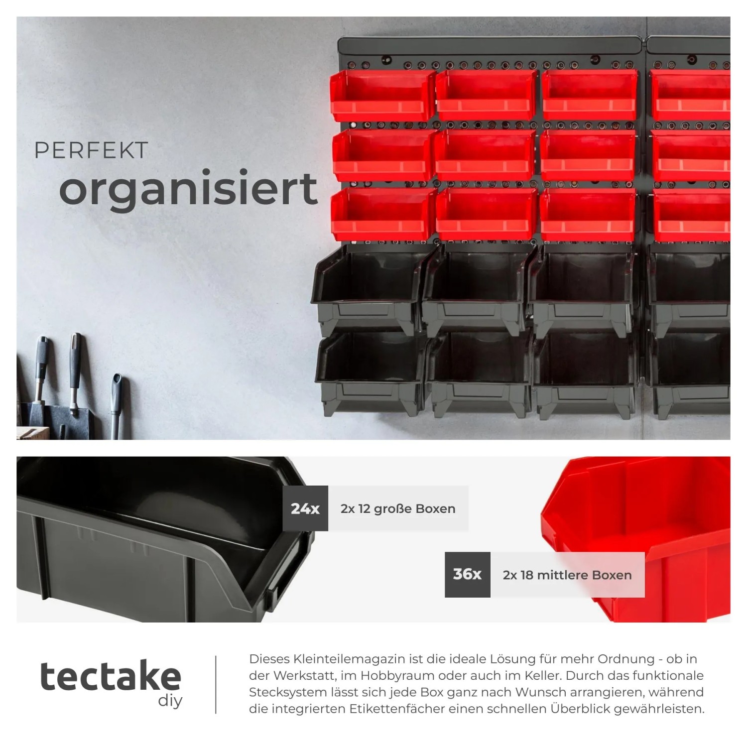 Wandregal-Set mit roten und schwarzen Stapelboxen zur Werkzeugaufbewahrung.