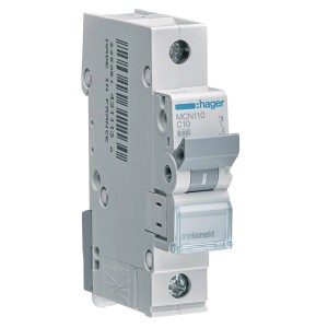 Hager Leitungsschutzschalter C10A 1P, 1-polig, 10A, C-Charakteristik.