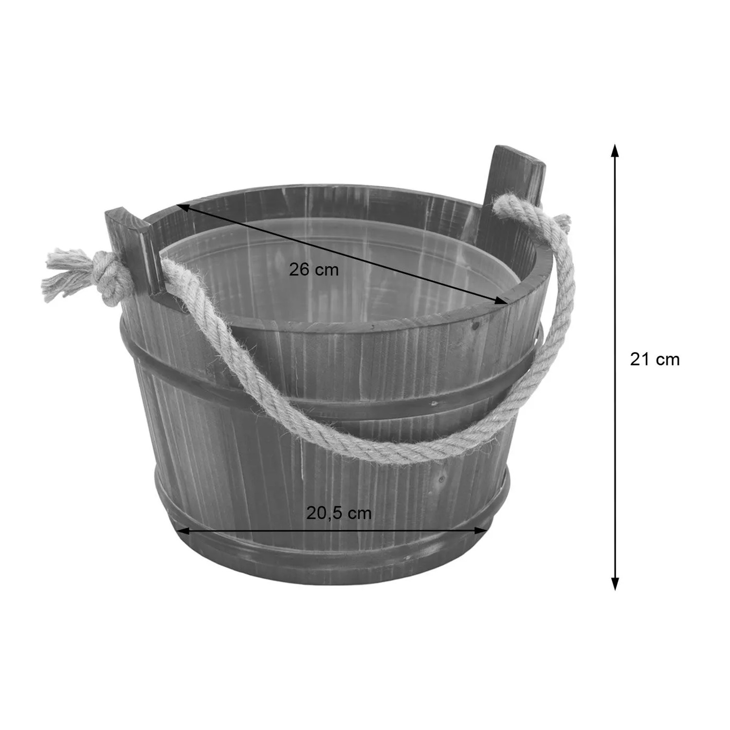 Dunkelbrauner Saunakübel aus Kiefernholz mit Kunststoffeinsatz und Seilgriff. 3,5 L für Massivholzsaunen.