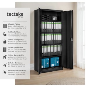 Schwarzer Tectake Aktenschrank aus Stahl mit geöffneten Flügeltüren, gefüllt mit Ordnern und einem Safe.