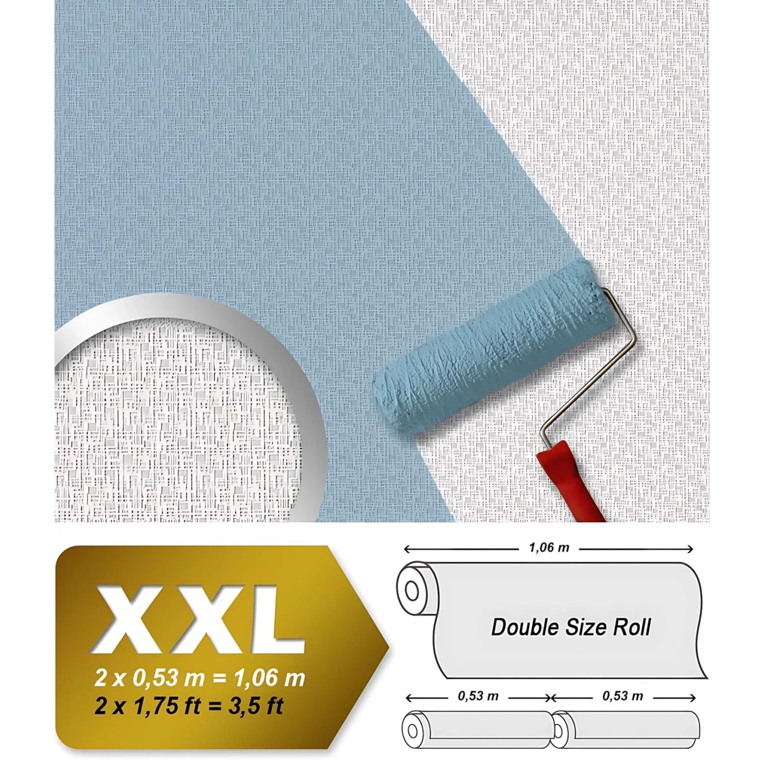 Überstreichbare Vliestapete mit Struktur (weiß), Rolle mit Farbroller. EDEM 80390BR60.