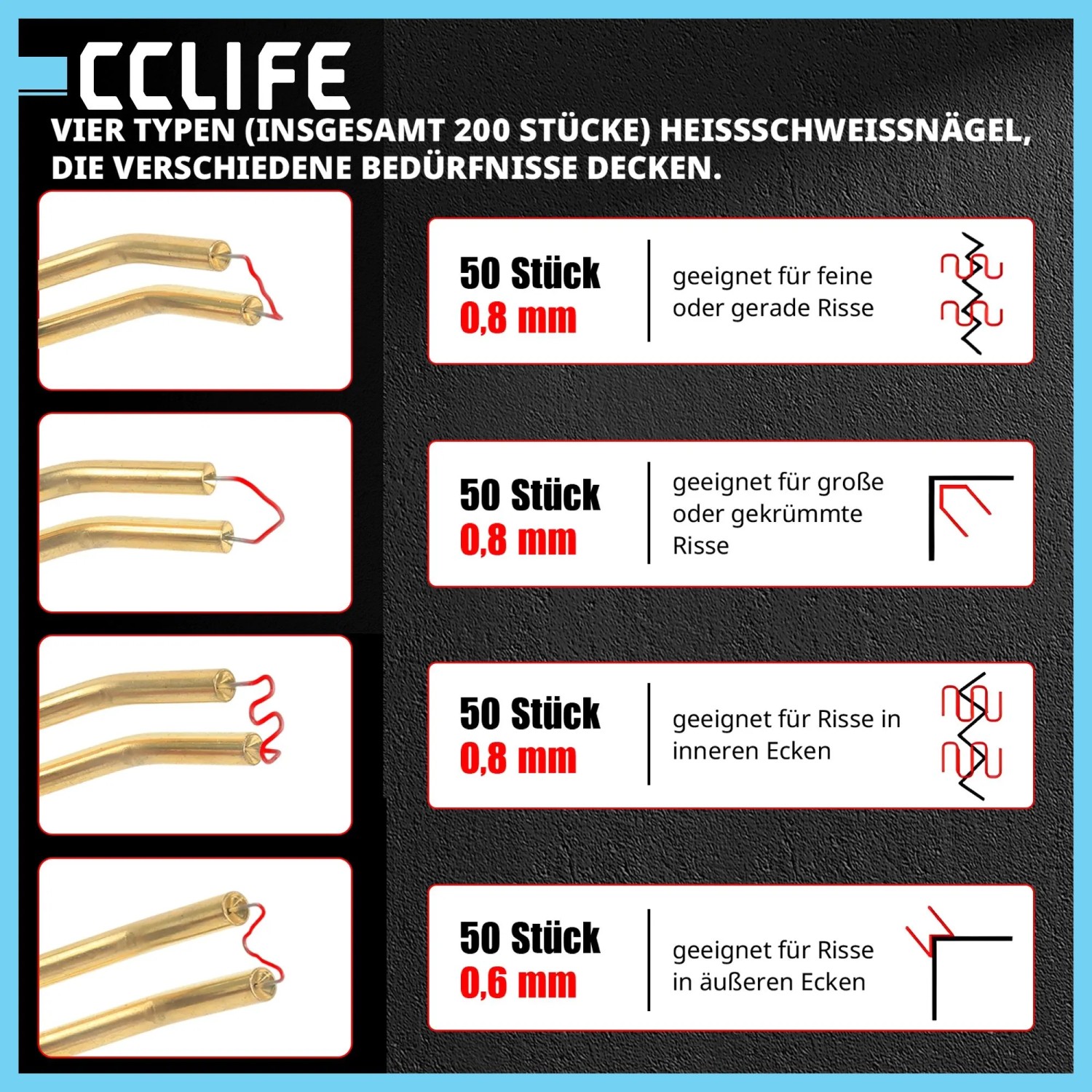 Vier Typen CCLIFE Heissschweissnägel (200 Stück) für Kunststoffreparatur: 0,6mm & 0,8mm Klammern für Risse, Ecken.