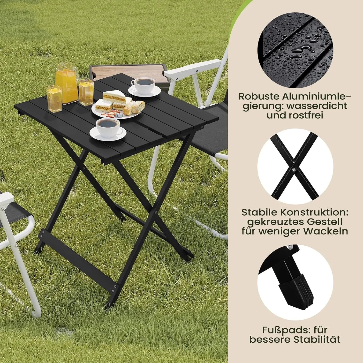 Schwarzer WOLTU Klapptisch aus Aluminium, ideal für Camping und Garten.