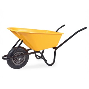 Gelbe Remco Schubkarre WHBA100 mit 100 Liter Kunststoffwanne und schwarzem Gestell. Ideal für Bau und Garten.