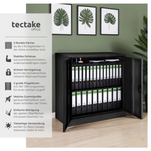 Schwarzer Tectake Aktenschrank aus Stahl mit geöffneten Flügeltüren und Aktenordnern.
