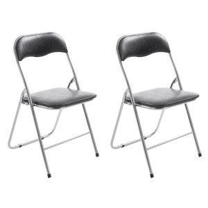 Zwei schwarze Klappstühle Felix mit silbernem Metallgestell, aufgeklappt. Bequeme Esszimmerstühle im 2er Set.