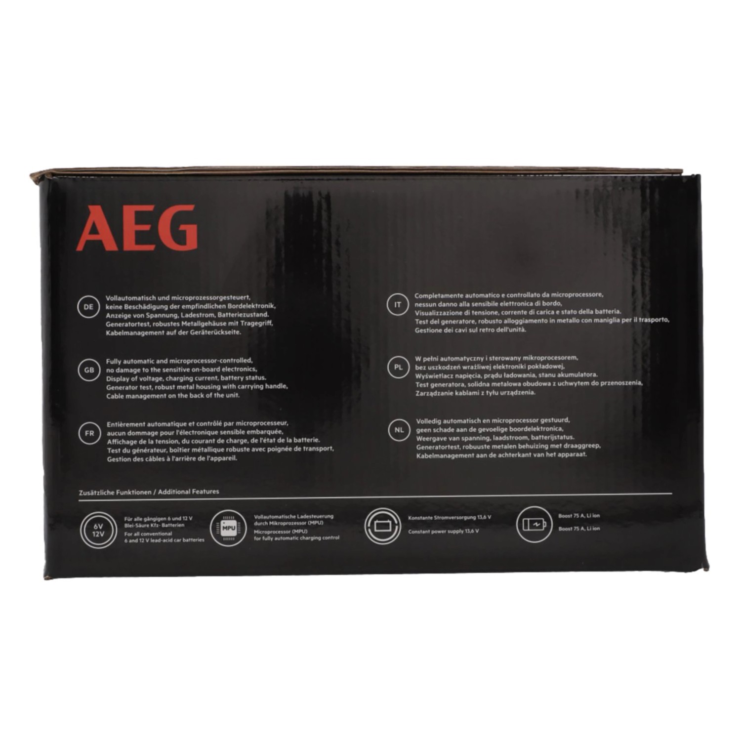 Verpackung des AEG Batterieladegerät CW10 für Autoelektrik mit Produktinformationen.