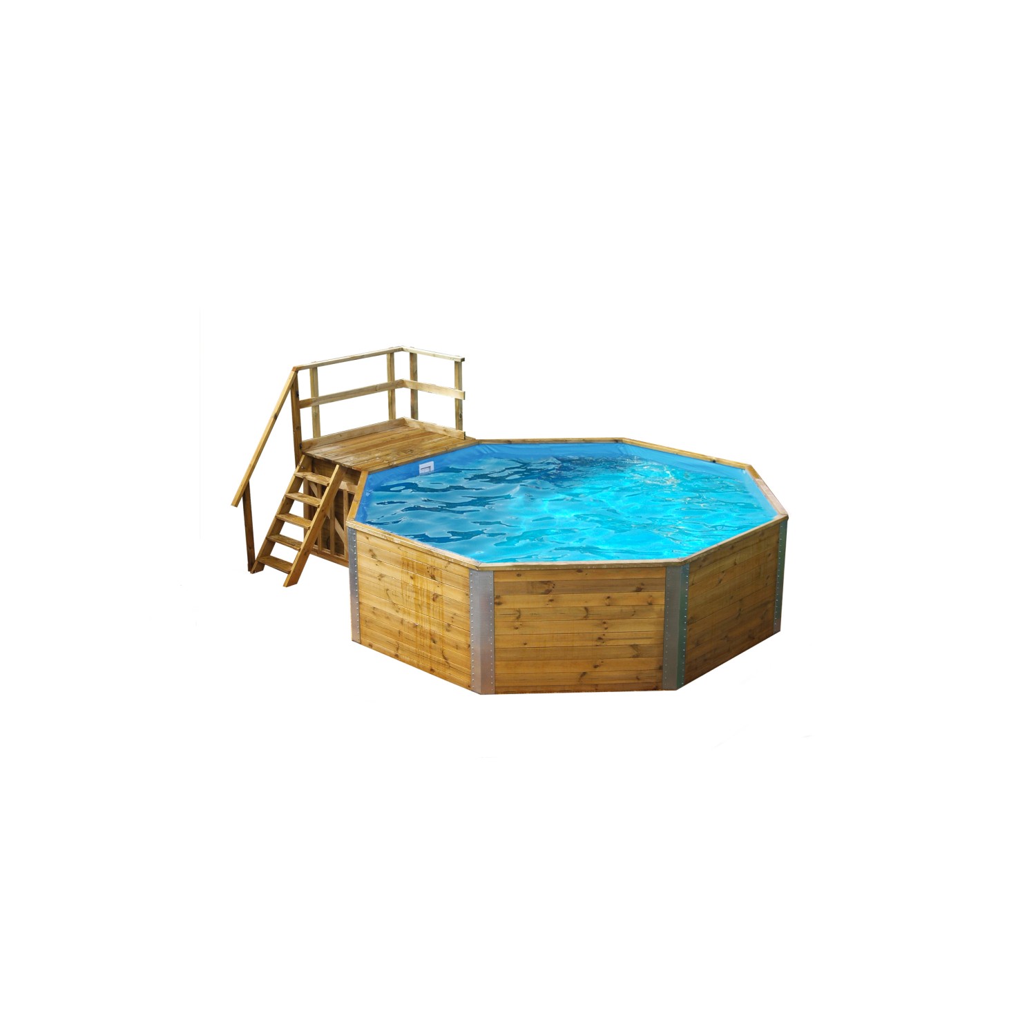 Weka Holzpool 593 B Sparset mit Holztreppe und blauem Wasser.