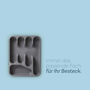 Grauer ProHome Besteckkasten mit Fächern für Messer, Gabeln und Löffel.