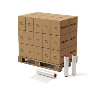 HOLLMAX Profi Stretchfolie transparent. Rollen und Palette mit Kartons für sicheren Versand & Lagerung.