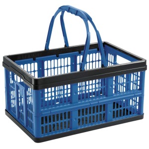 Blaue Klappbox mit Henkel, ideal zur Aufbewahrung und platzsparend zusammenfaltbar.