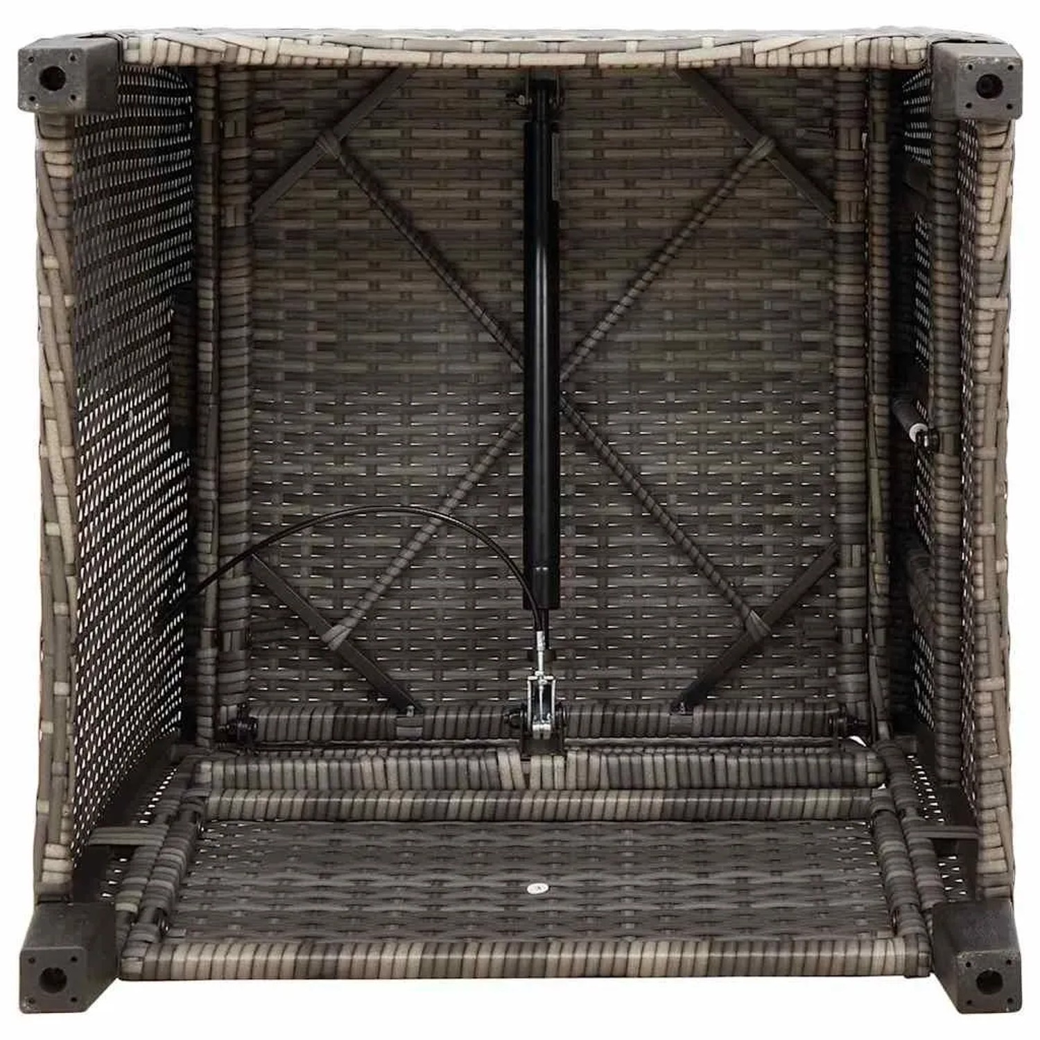 Grauer vidaXL Poly Rattan Gartensessel: Unterseite mit Verstellmechanismus für die Rückenlehne und Stahlrahmen.