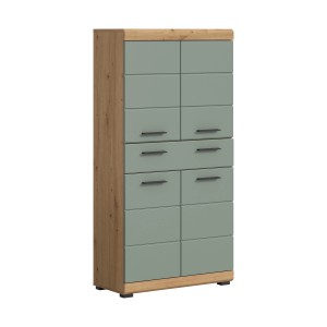 Midischrank in Salbei/Eiche Optik, 74x141x31cm, Bad-Einbauschrank mit viel Stauraum.