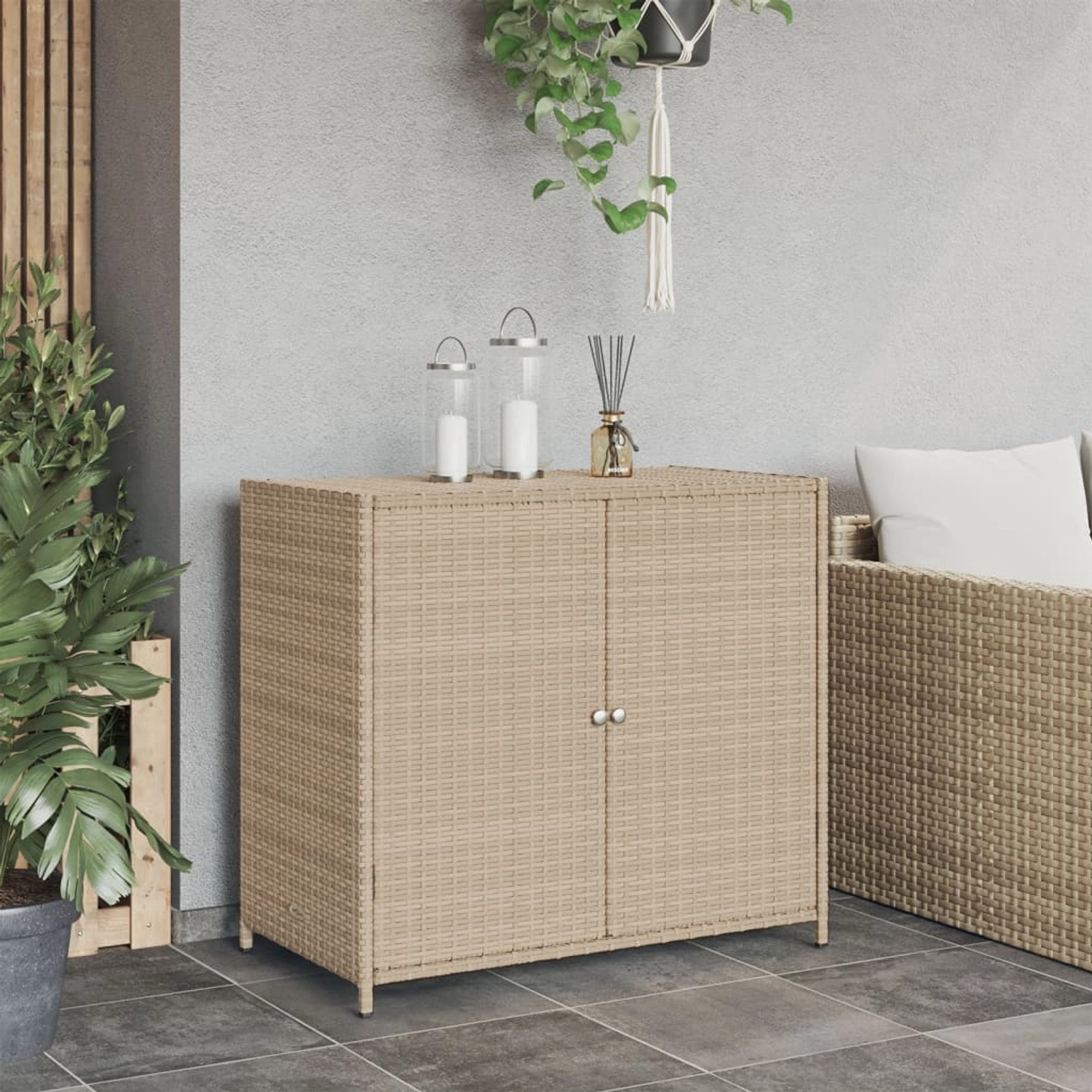 Beiger VidaXL Gartenschrank aus Poly Rattan, ideal zur Aufbewahrung im Garten.