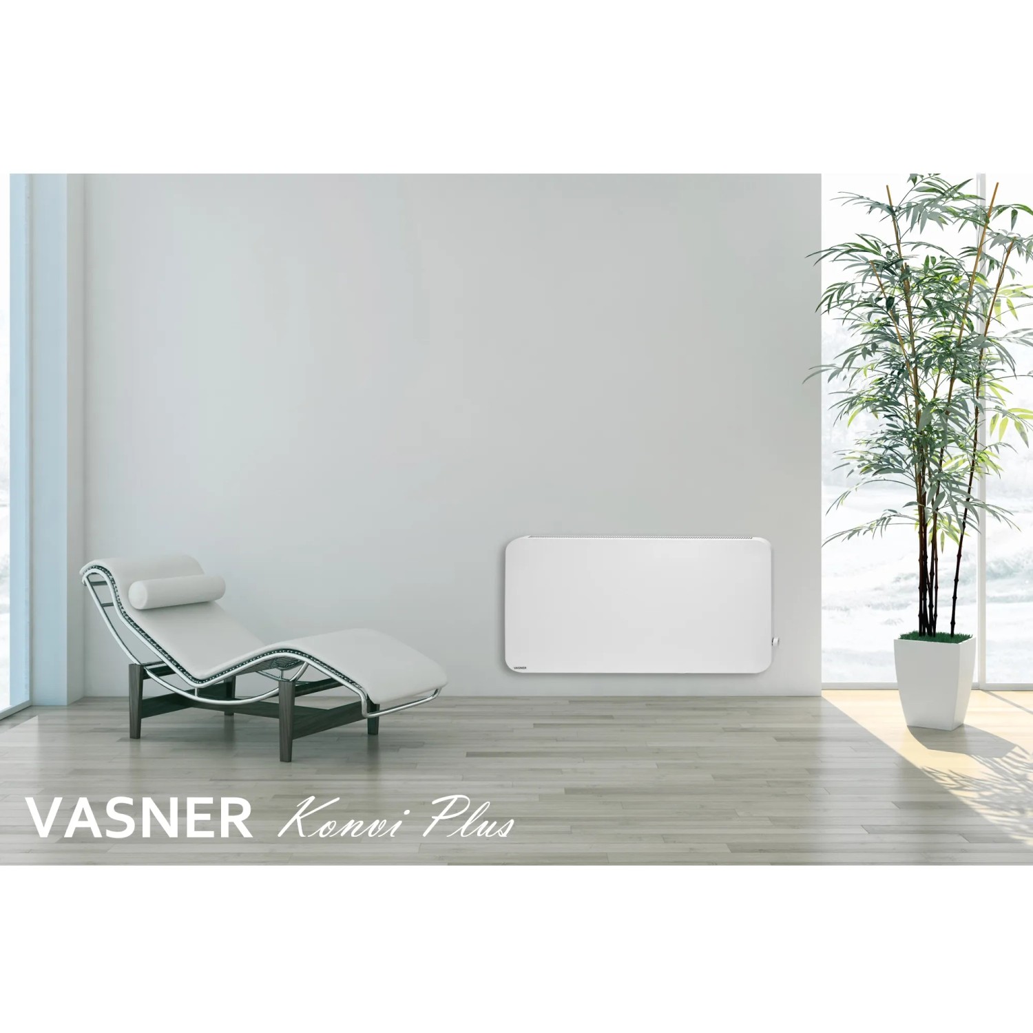 Weiße Vasner Konvi Plus Hybridheizung an Wand, neben Liege und Pflanze.