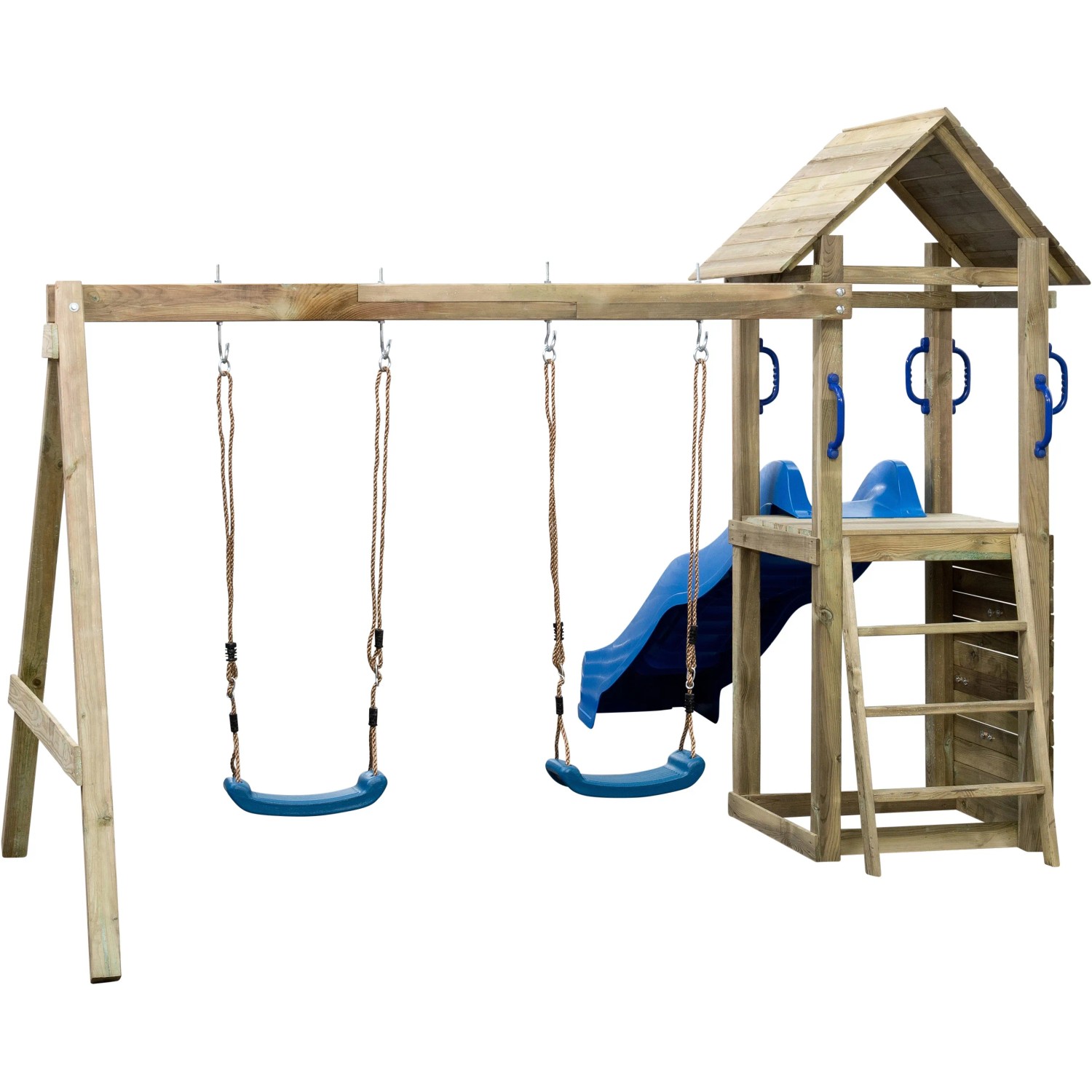 SwingKing Spielturm Maria mit blauer Rutsche und Doppelschaukel aus Holz für Kinder.