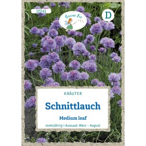 Saatgutpackung Grüne Fee Schnittlauch Medium Leaf mit blühendem Schnittlauch.