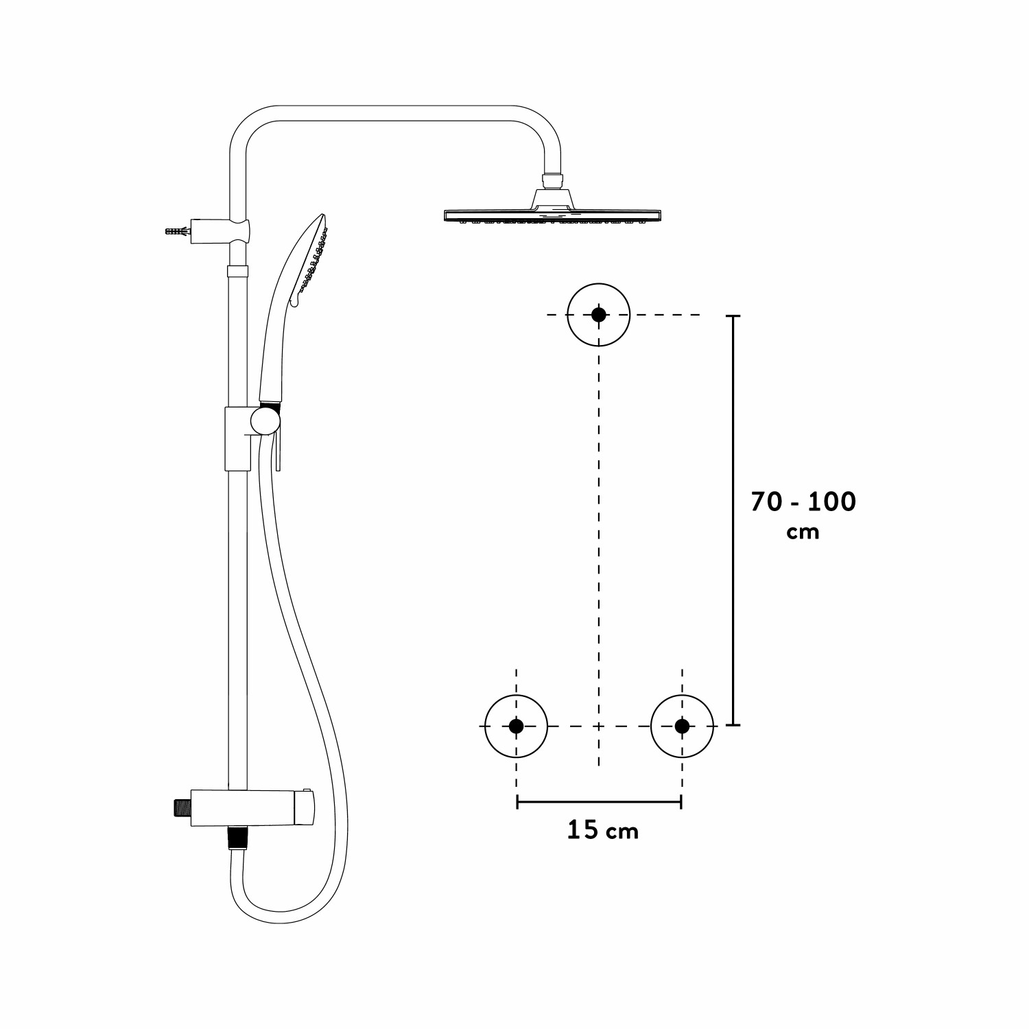Technische Zeichnung: baliv Überkopfbrause-Set KBS-22.100, verchromt, mit Maßangaben zur Installation.