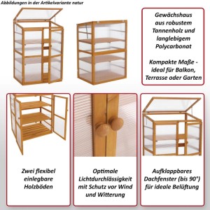 MCW Gewächshaus Q13 aus Holz mit Regalböden und aufklappbarem Dachfenster.