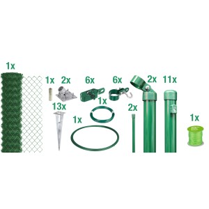Maschendrahtzaun-Set, 150cm hoch, 25m lang, grün, mit Pfosten, Draht, Bodenhülsen und Zubehör.