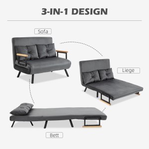 Graues HOMCOM Schlafsofa mit Bettfunktion, als Sofa, Liege und Bett dargestellt.