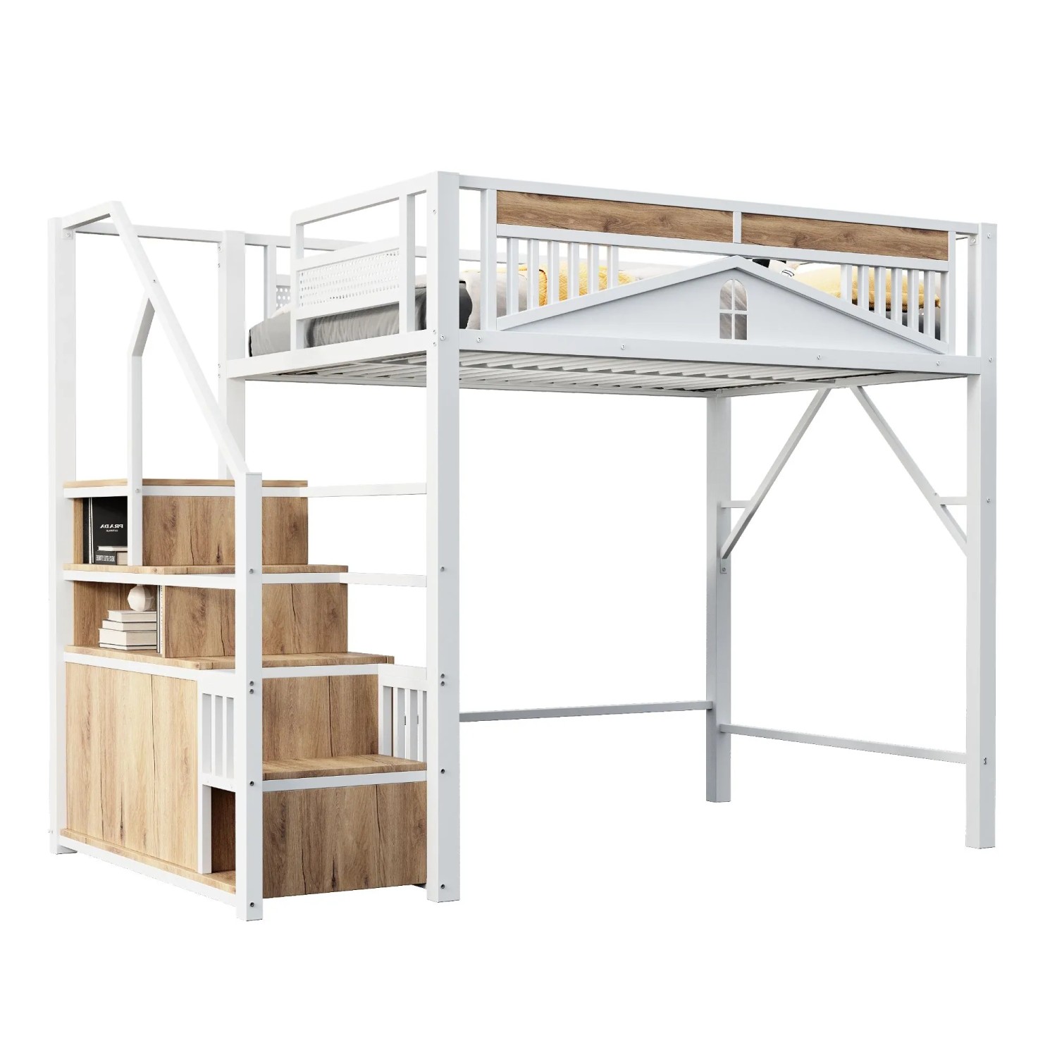 okwish Hochbett 140x200cm mit Sicherheitsgehäuse Leiter Spind Jugendzimmer Weiß ohne Matratze