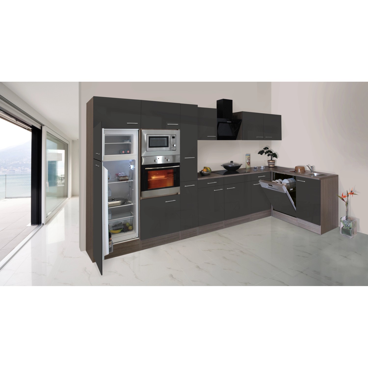 Respekta Winkelküche 370 cm in Grau Seidenglanz mit Eiche York Dekor, inklusive Elektrogeräten.