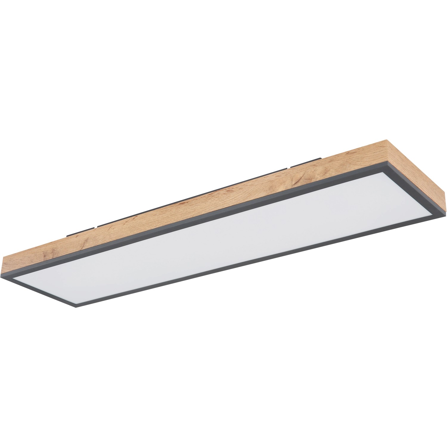 Rechteckige LED Deckenleuchte Doro (80 cm) in Eichenoptik mit graphitfarbenem Rahmen.