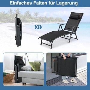 Costway Sonnenliege, klappbar, schwarz, mit 7 verstellbaren Positionen, für Garten, Balkon und Terrasse.
