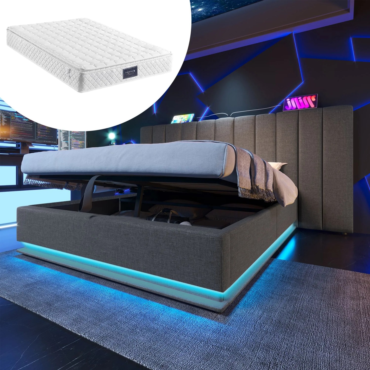 Merax Polsterbett 160x200cm App LED USB-C Leinen Grau