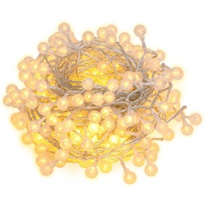 Warmweiße LED-Lichterkette mit 200 kleinen Kunststoffkugeln, 20 m lang, ideal für Weihnachtsdekoration innen & außen.