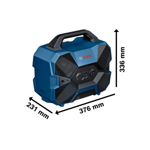 Bosch Professional Bluetooth-Lautsprecher GPB 18V-6C, blau, mit Tragegriff und Maßangaben.