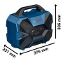 Bosch Professional Bluetooth-Lautsprecher GPB 18V-6C, blau, mit Tragegriff und Maßangaben.