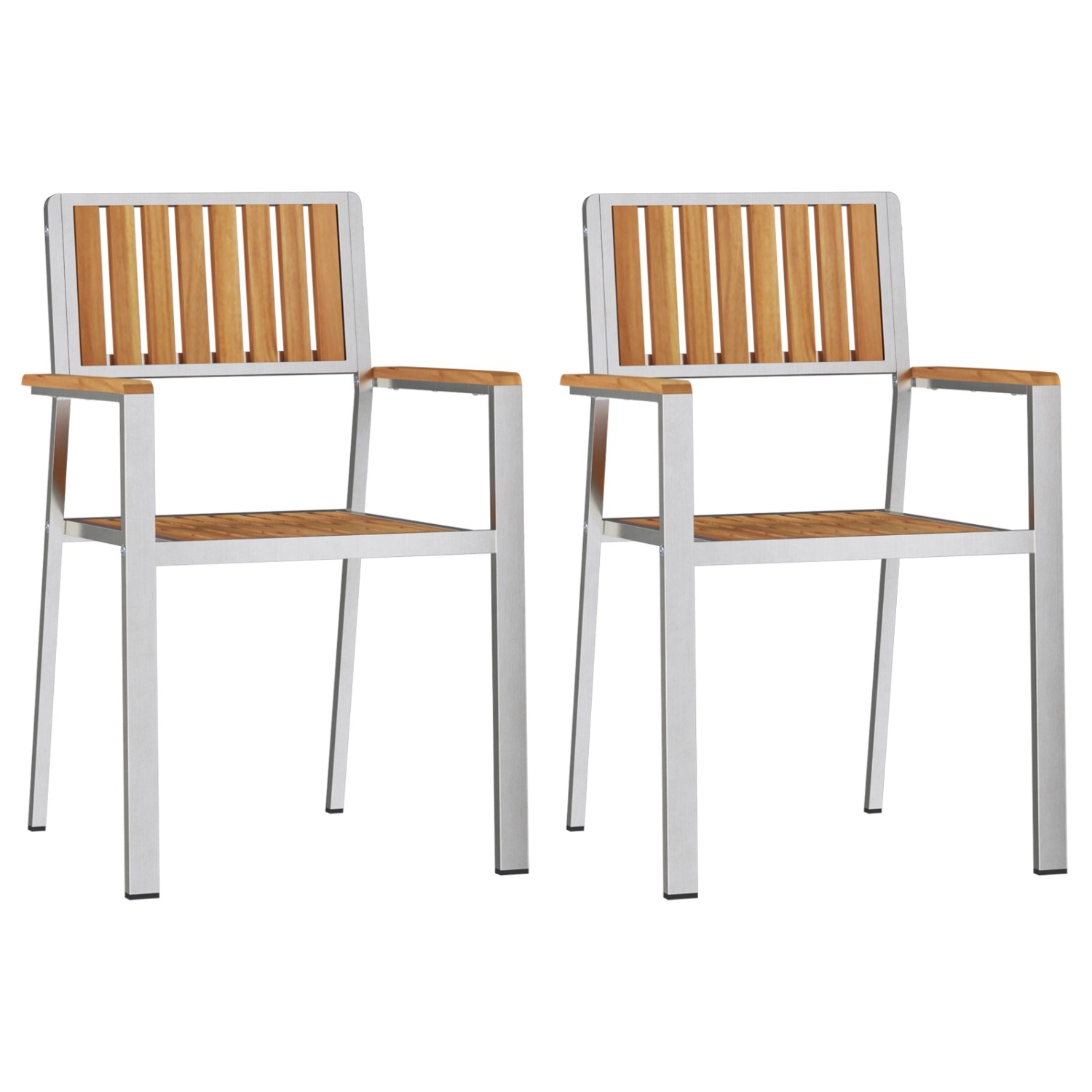 Zwei Gartenstühle aus Teakholz und Metall für die Gartentisch Essgruppe.