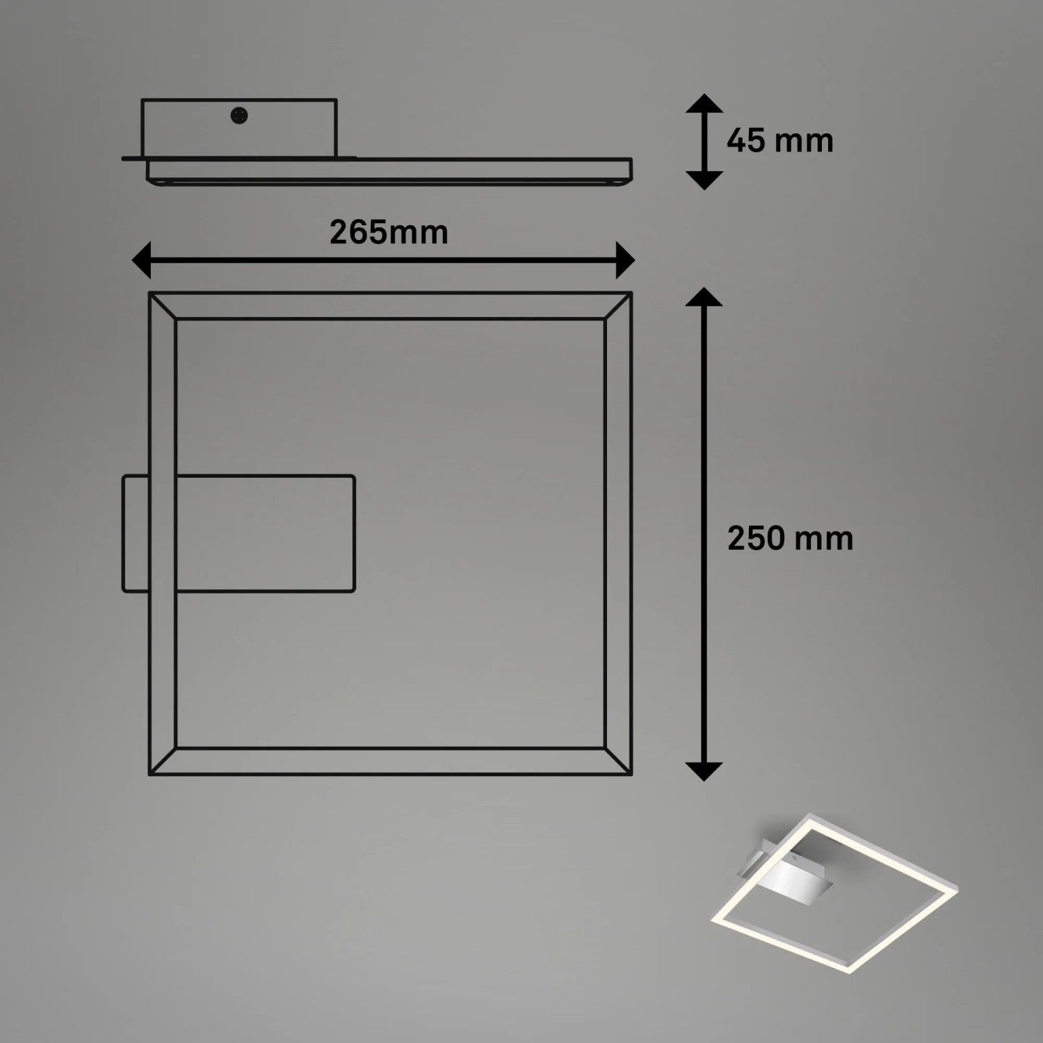 Brilo LED-Deckenleuchte Nici, silberfarben, quadratisches Design mit Maßangaben.