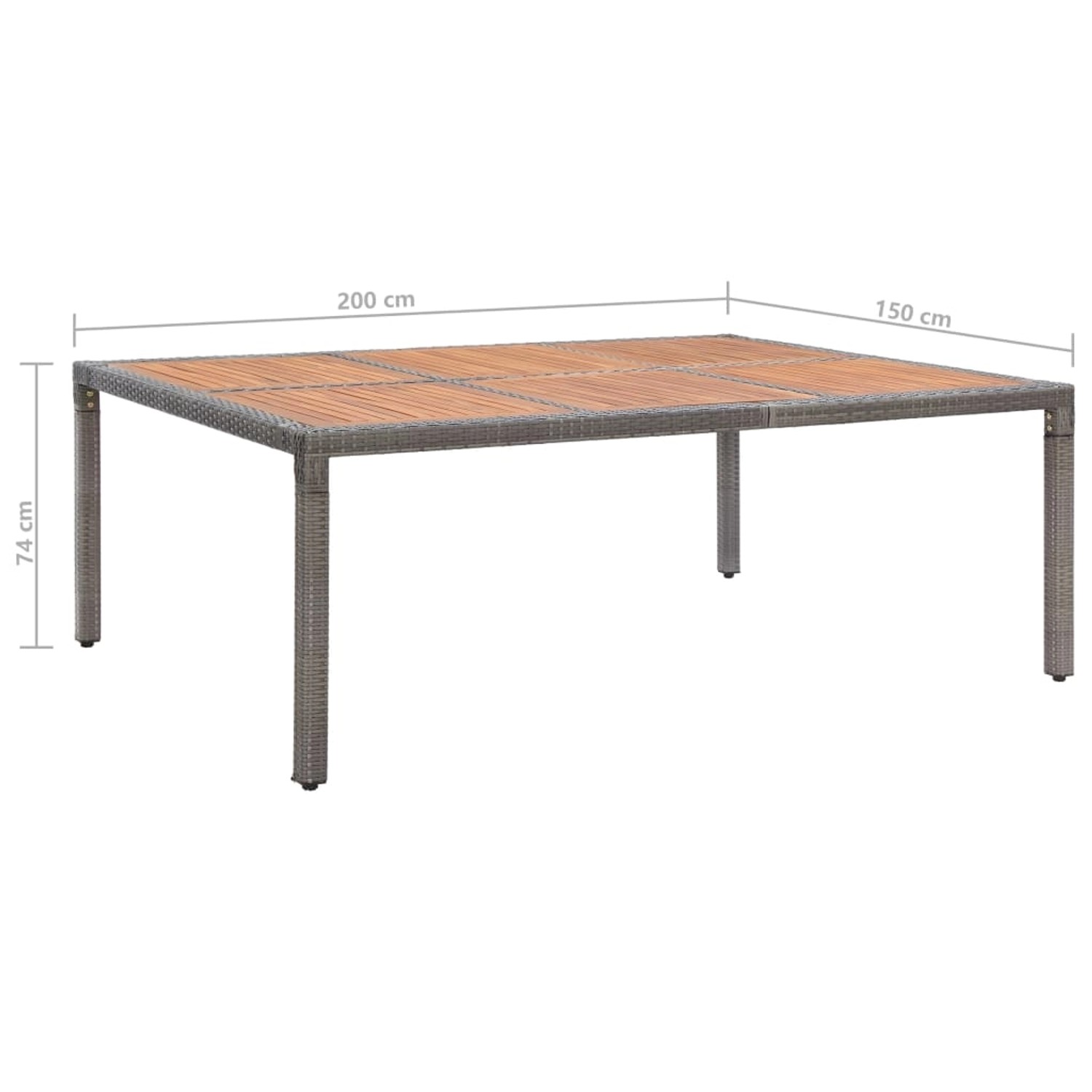 Grauer Gartentisch 200x150 cm aus Rattan und Akazie für 10 Personen.