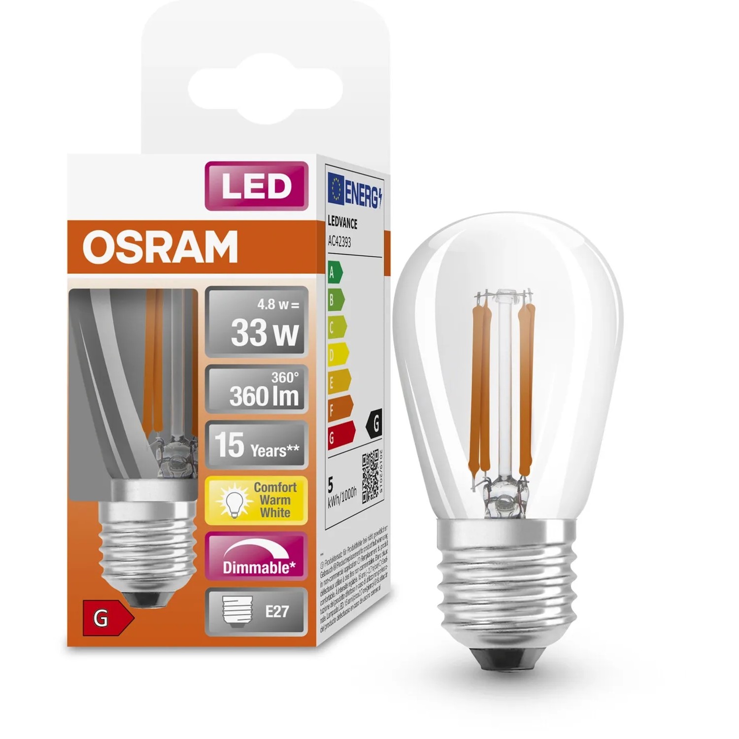 Osram LED-Filament Lampe E27, 4,8W, extra warmweiß, 360lm. Leuchtmittel mit klarer Birne.