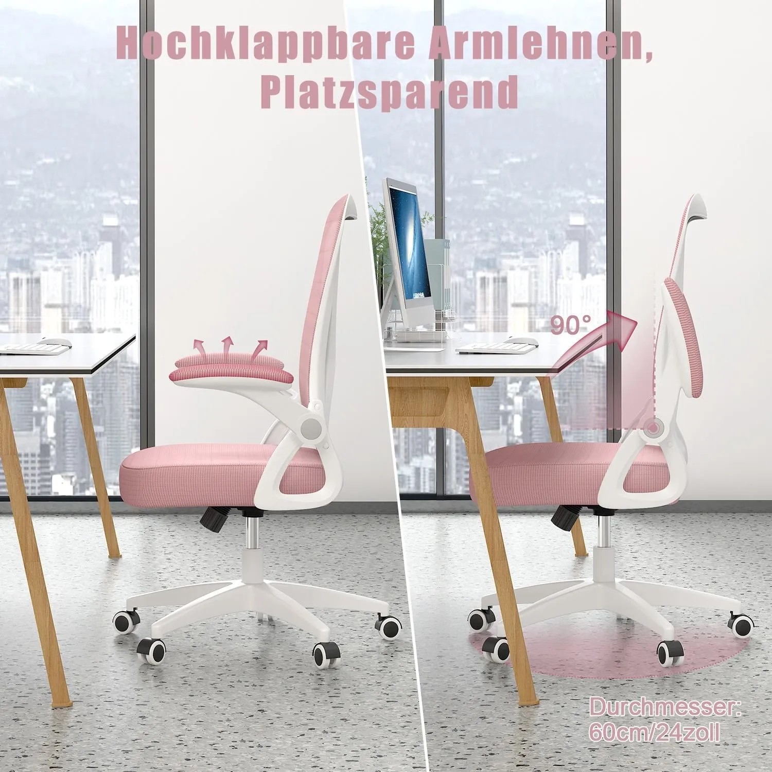 Rattantree Ergonomischer Drehstuhl mit Klapparmlehnen Höhenverstellbar Mesh Rückenlehne Pink_5