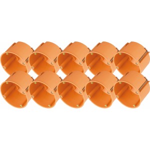 10 orangefarbene Hohlwanddosen, Ø 68 mm x 47 mm, IP30, für Schalter und Steckdosen.