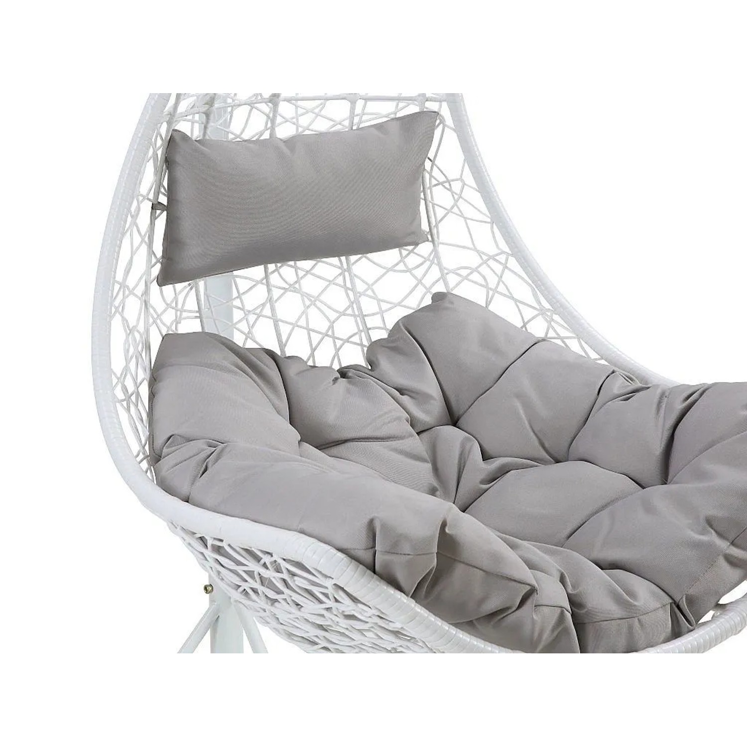 Weißer Polyrattan Hängesessel Orosi mit grauen Kissen. Klassischer Schwebesessel für Garten & Balkon.