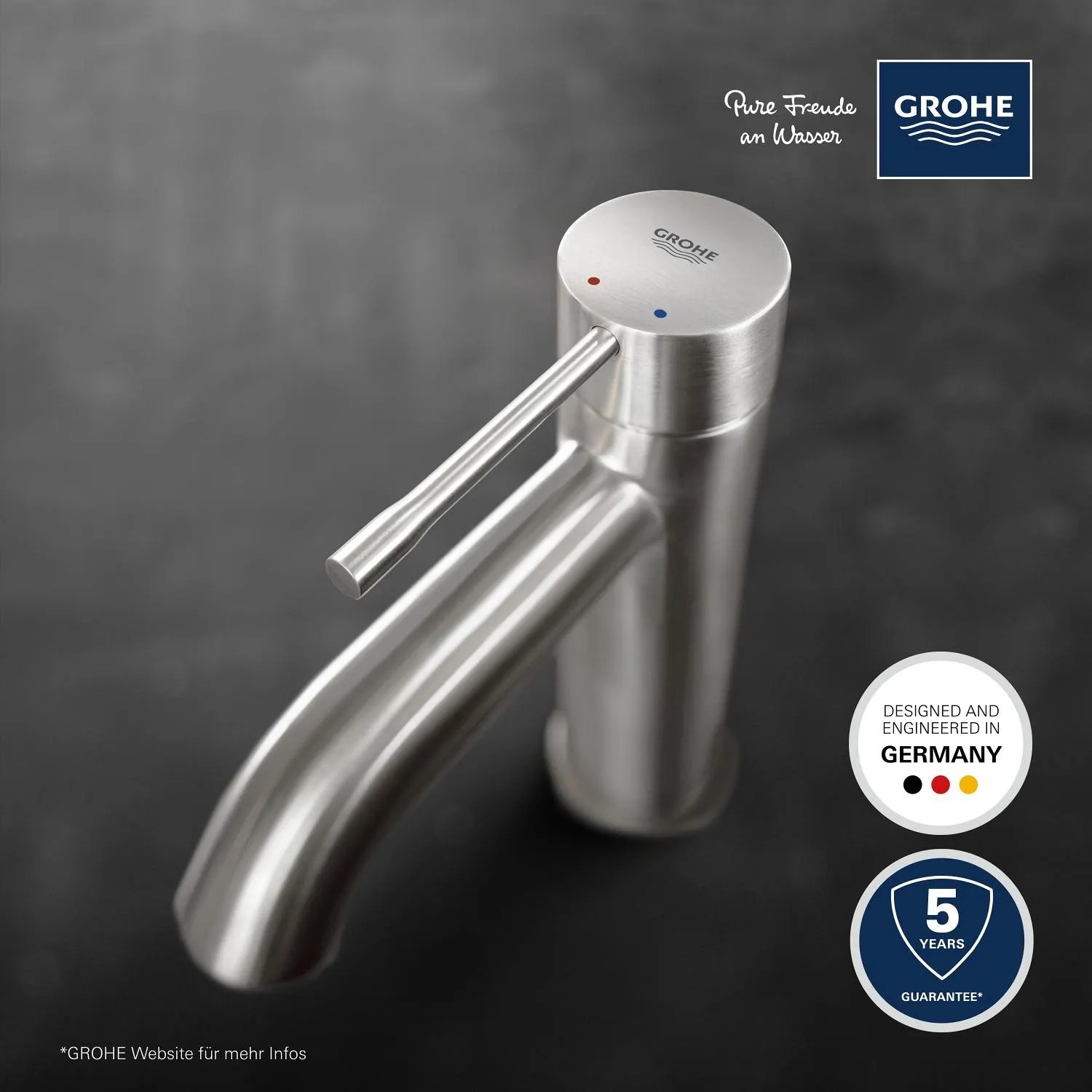 Grohe Essence Waschtischarmatur S-Size in Supersteel: Einhebelmischer für Waschbecken im modernen Design.