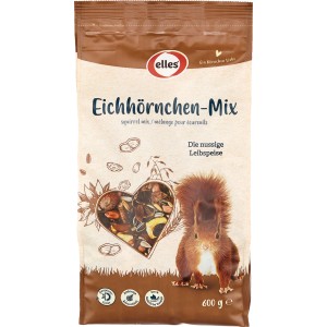 Elles Eichhörnchenfutter Mix, 600g Packung mit Nüssen, Saaten und Eichhörnchen-Motiv.