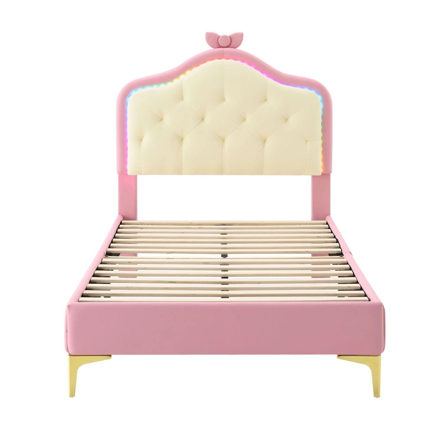 okwish Polsterbett 90x200cm mit LED Beleuchtung und Schleifen Kinderzimmer Rosa ohne Matratze