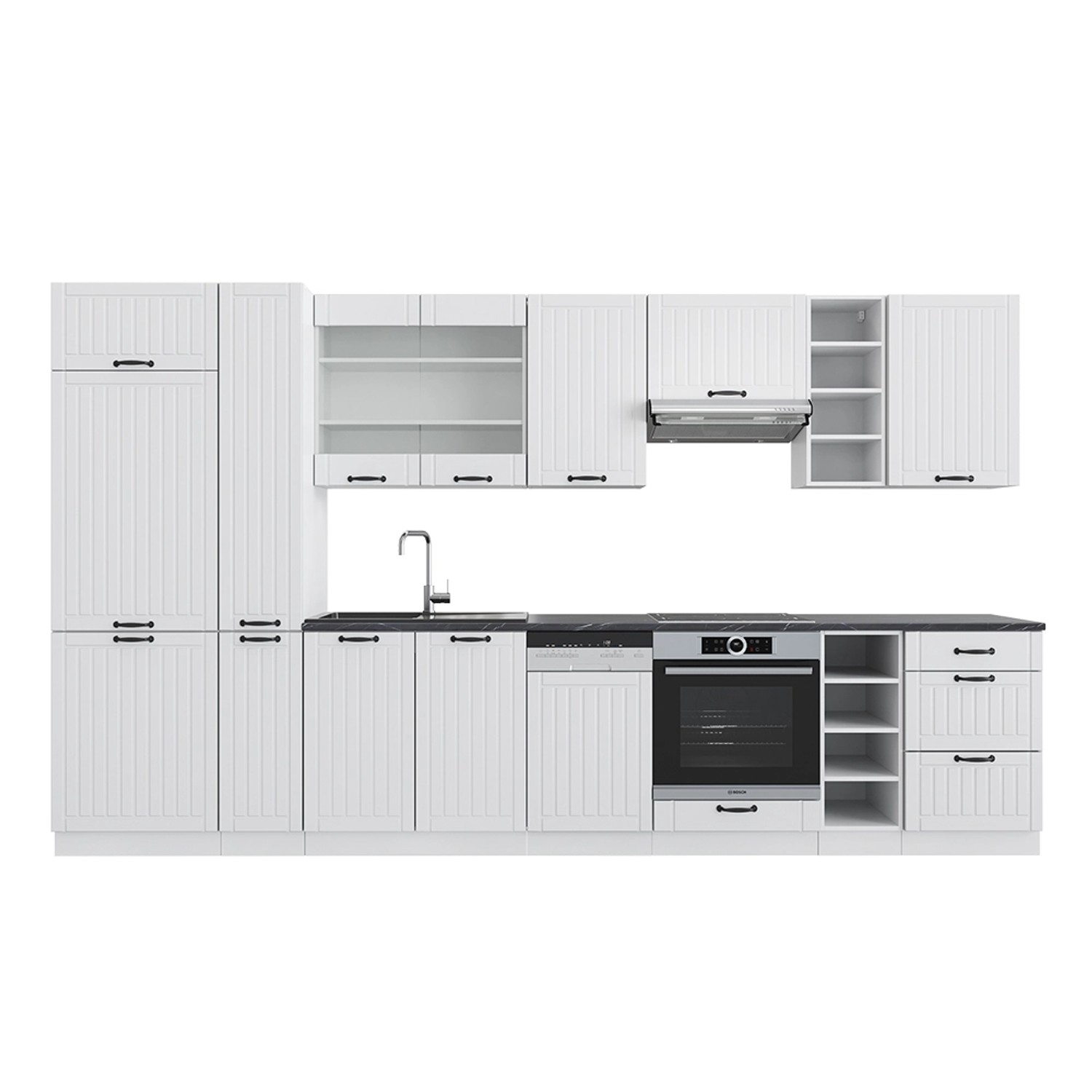 Vicco Fame-Line Küchenzeile Weiß Landhaus/Weiß 355 cm mit Hochschrankohne A günstig online kaufen